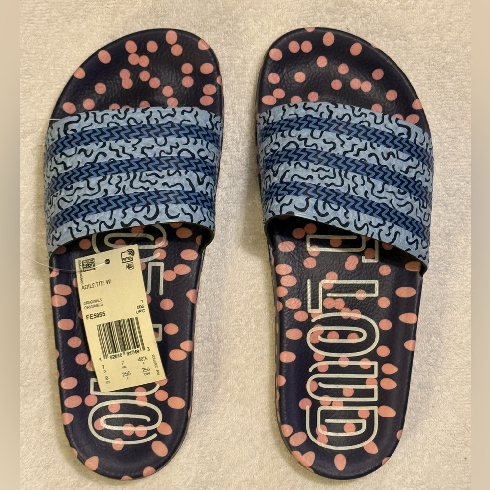 Adidas Navy and Pink Polka Dot Slides